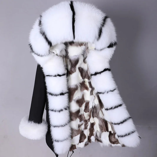 Women's Fox Fur Collar Leather Long Parka Coat Winter Casual