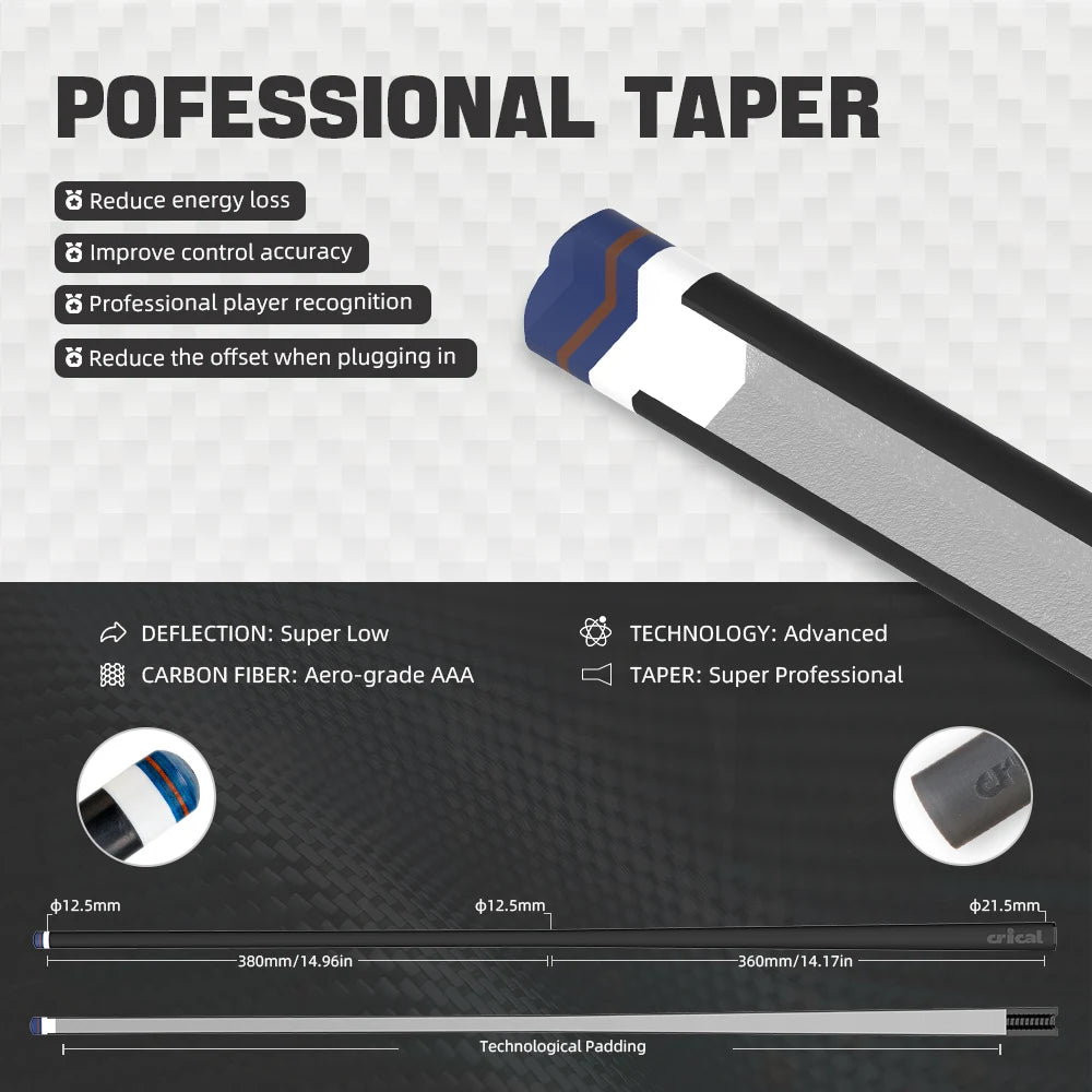 CRICAL CL-PRO Carbon Fiber Pool Cue Stick with 12.5mm Tip 3 * 8/8 Joint Pin  Low Deflection  for Professional 1/2 Billiard Cue