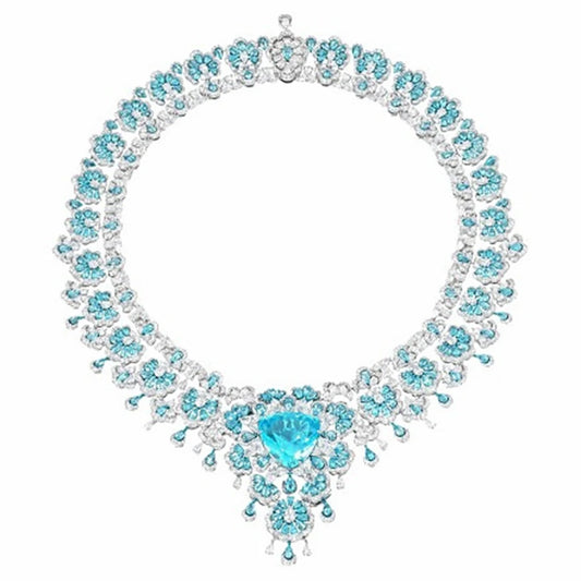 Luxury diamond necklace with blue gemstones on a white background