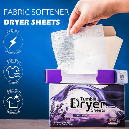 Tumble Dryer Sheets packaging with a hand pulling a sheet out, on a blue background.
