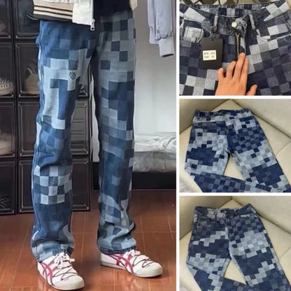Mosaic Checkered Jeans Unisex Straight Loose Fit