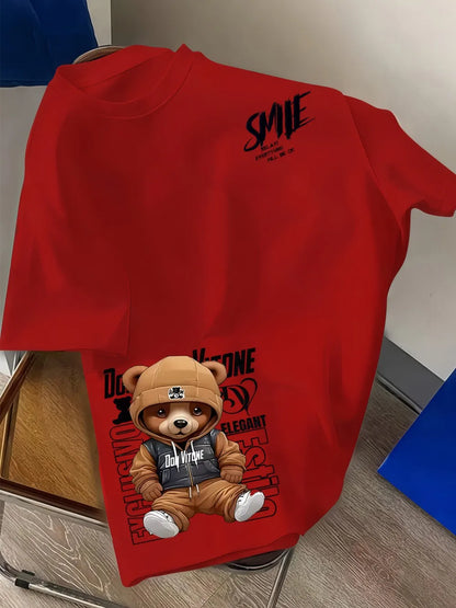 Europäisches und amerikanisches Herren-Sommer-T-Shirt mit personalisiertem Buchstaben-Bären-Print, bequem und atmungsaktiv, Rundhalsausschnitt, Outdoor-Streetwear-T-Shirt