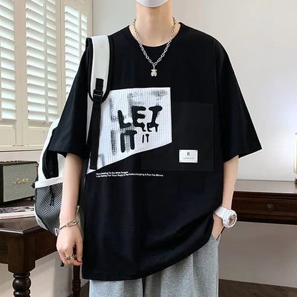 Men's Retro Patchwork T-Shirt  Neck Loose Tshirt