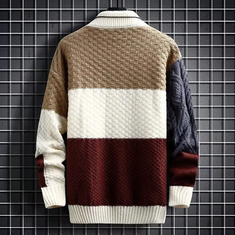 Retro Spliced Thickened round Neck Sweater for Men Loose Fit Knitted Winter Fashion Casual Cotton Polyester Blend Knitwear