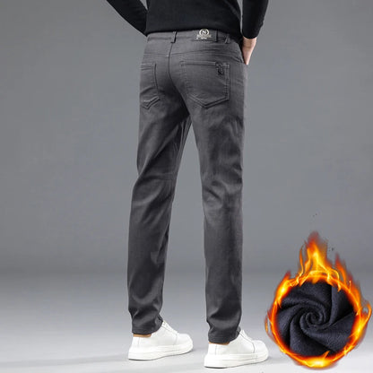 Winter New 2025 Fleece Pants Men's Thick Slim Elastic Business Casual Velvet Pants Warm Fashion Solid Color Plush Trousers Male