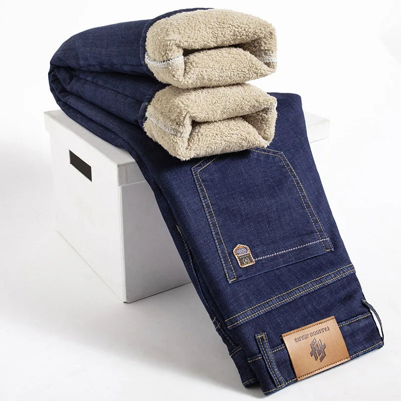 Men Jeans Winter Lamb Fluff Denim Straight Pants Thicken Big Size Jean High Waist Stretch Jeansy Fleece Lined Warm Slim Vaqueros