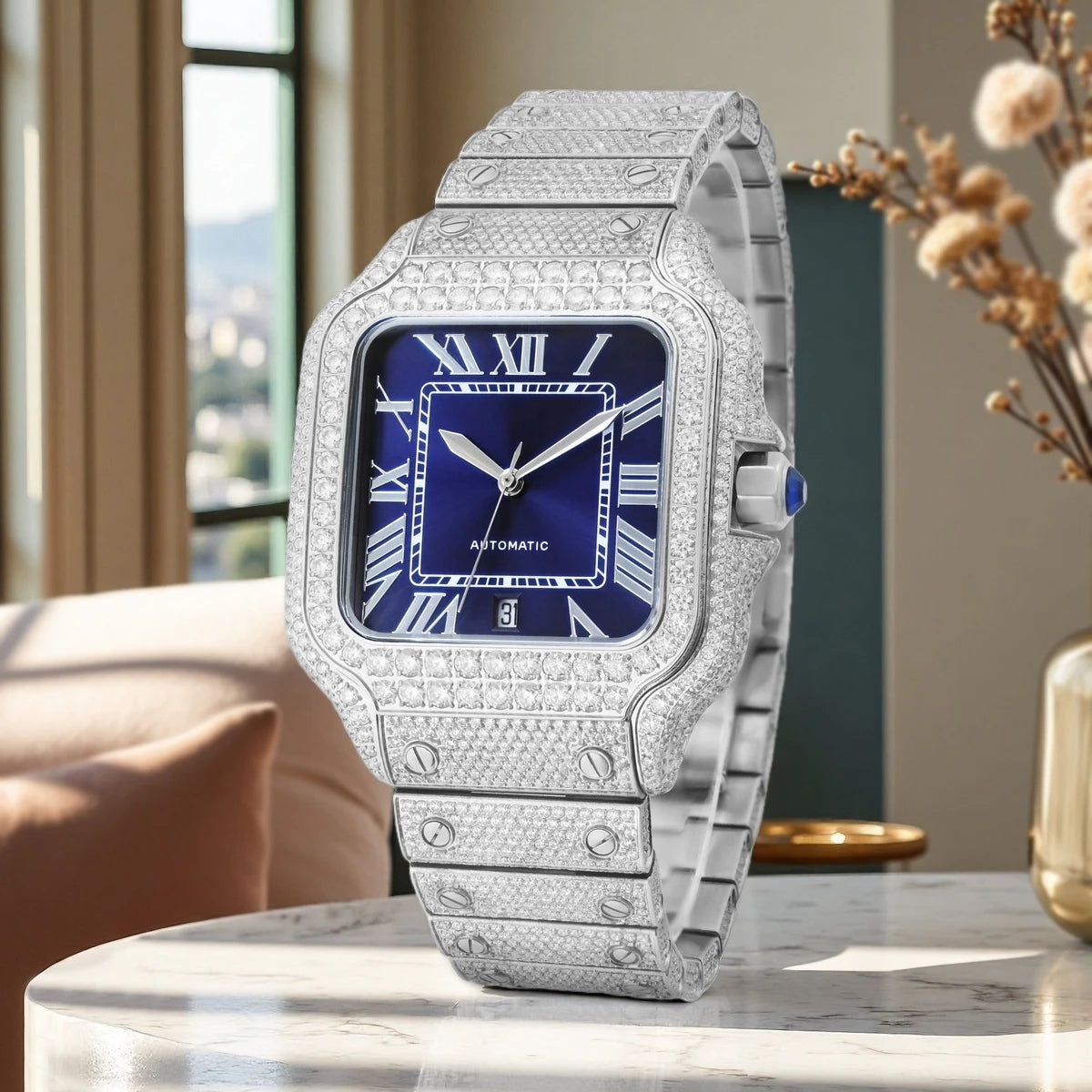 Luxury diamond-encrusted watch on a marble surface with a blurred indoor background