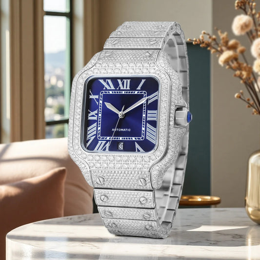 Luxury diamond-encrusted watch on a marble surface with a blurred indoor background