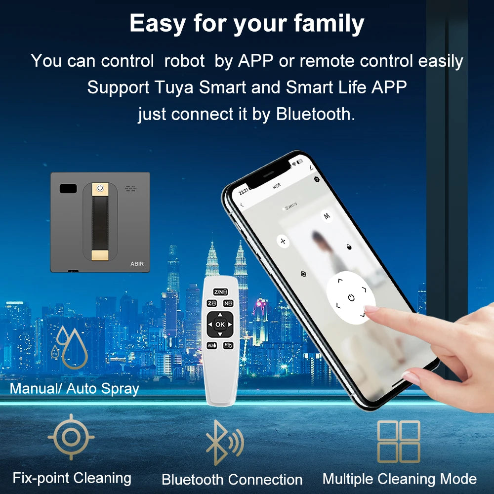 Smart device control interface with smartphone app and remote control, cityscape background