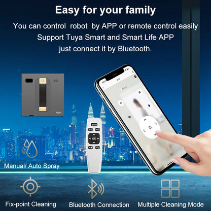 Smart device control interface with smartphone app and remote control, cityscape background