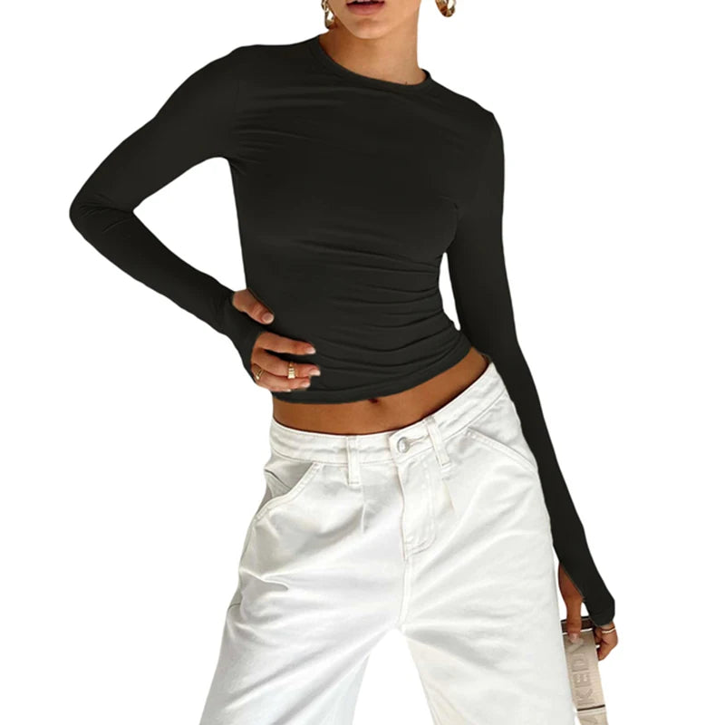 Fashion Women T-shirt Long Sleeve Crew Neck Solid Slim Fit Ladies Crop Top with Thumb Holes for Daily Streetwear Summer Camis