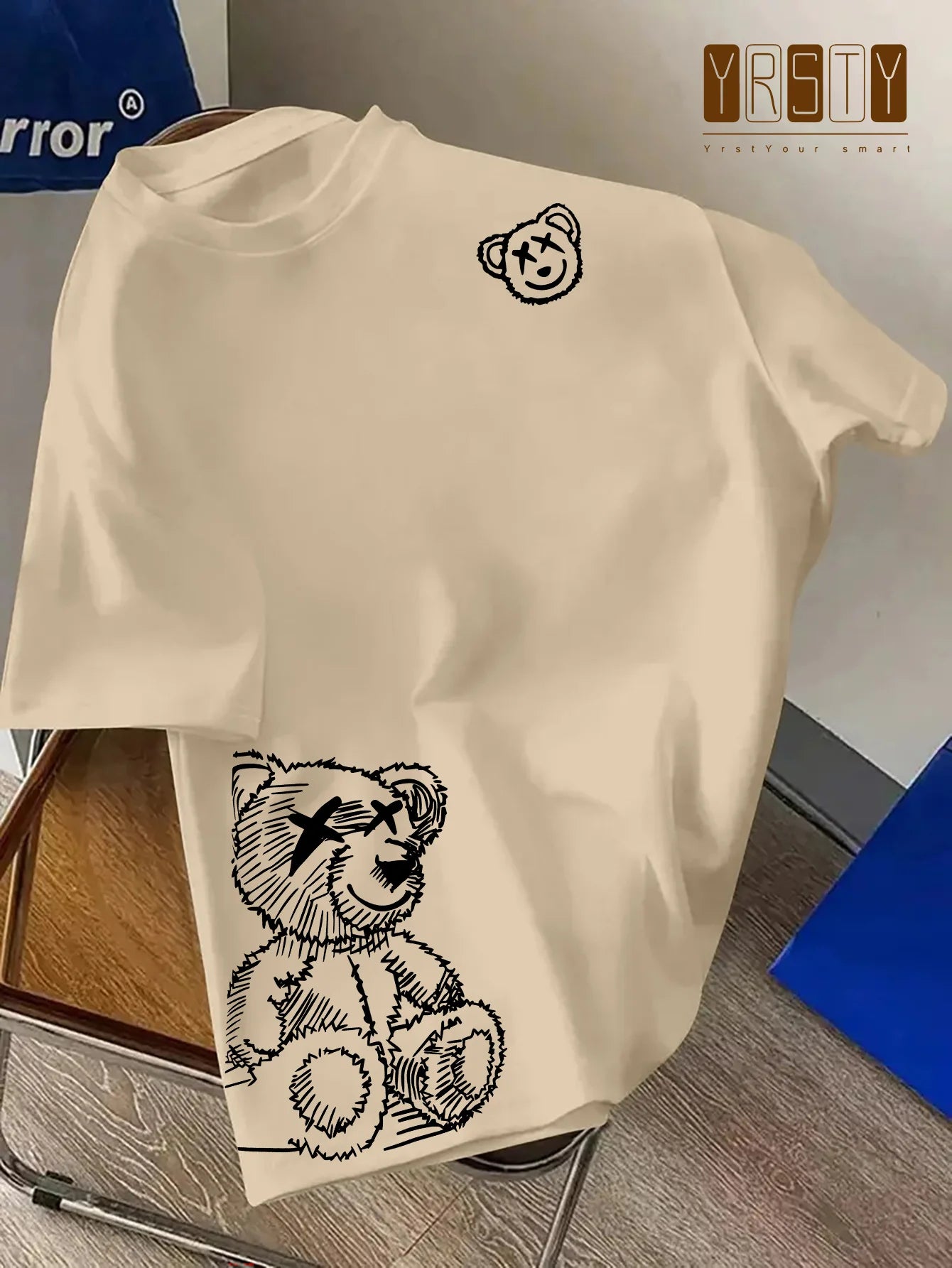 00% reine Baumwolle Herren Cartoon Bär Muster bedrucktes modisches lässiges lockeres Sport Rundhals Kurzarm T-Shirt Oberteil