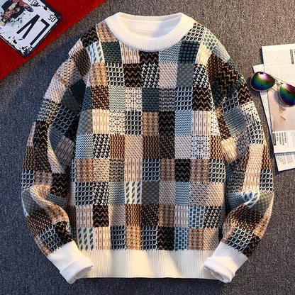 New Fashion Men Plaid Pullover Winter Sweaters Outwear Loose Casual Knitted Sweaters Male O-neck Pullovers Sweatercoats Size 4XL