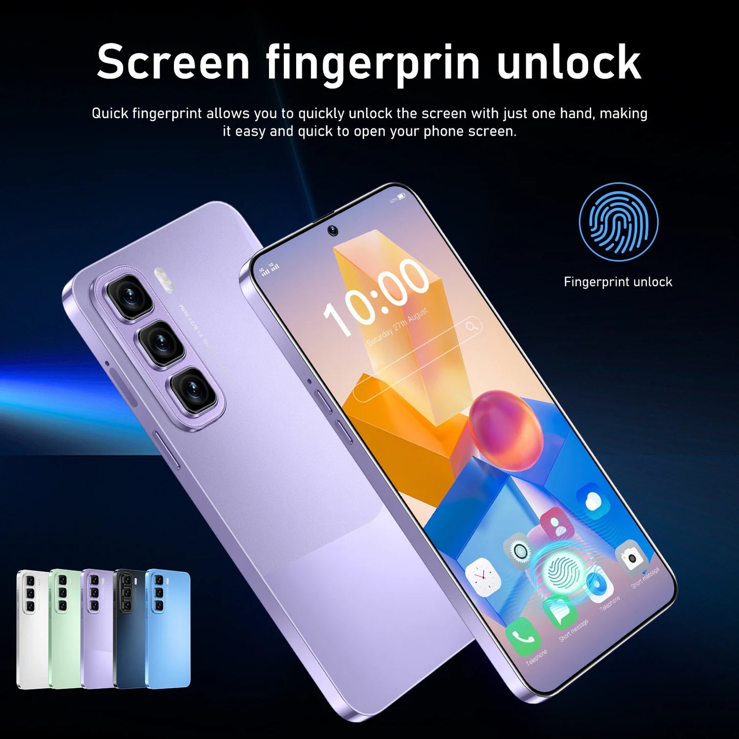 Smartphone with fingerprint unlock feature on a dark background