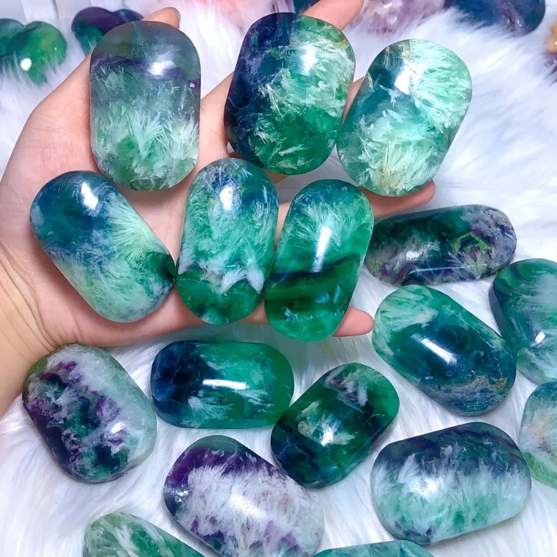 Quality Snowflake fluorite palm stone polished crystal palm stone vibrant color with purple