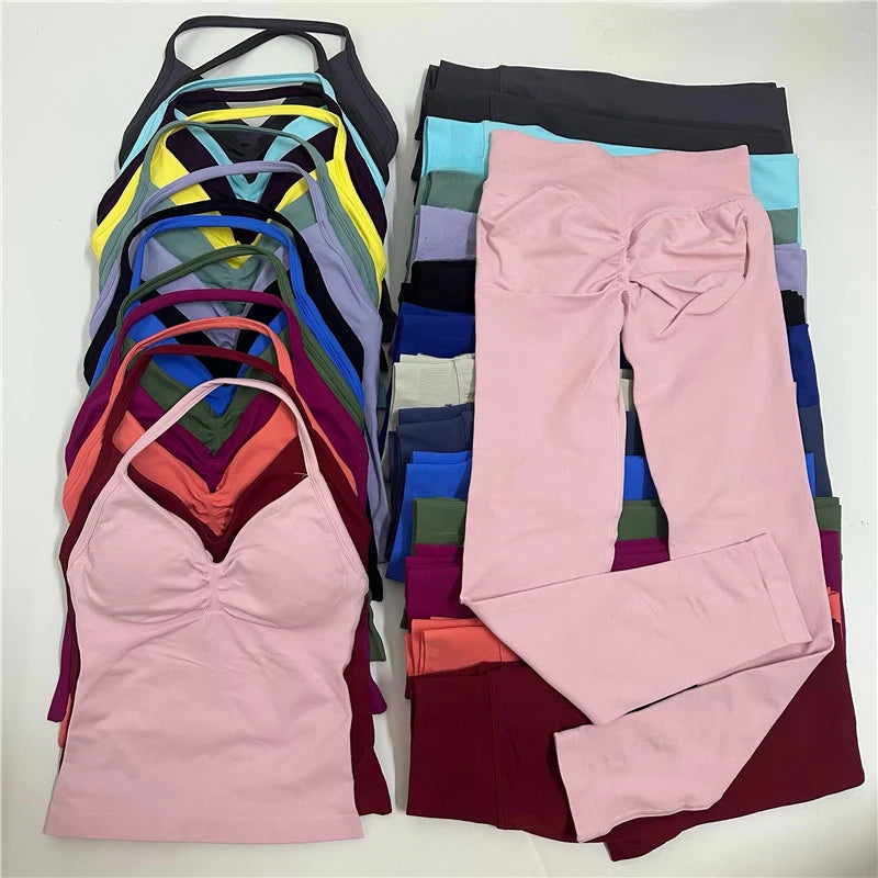 2Pcs Women's Gym Yoga Set Seamless High Waist Leggings Sports Bra Top Workout Outfit Fitness Activewear Running Training Clothes