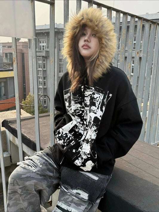 Hoodie Sweatshirt Jackets Subculture Faux Fur Hooded Casual