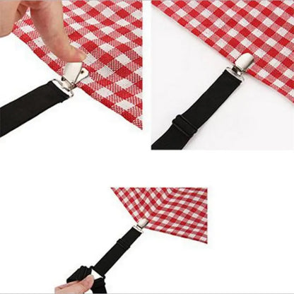 4er-Set verstellbare Bettlaken-Befestigungsbänder, elastische Matratzenbezug-Eckhalter-Clips, Greifer, Hosenträger-Kordel, Haken-Schlaufen-Verschlüsse