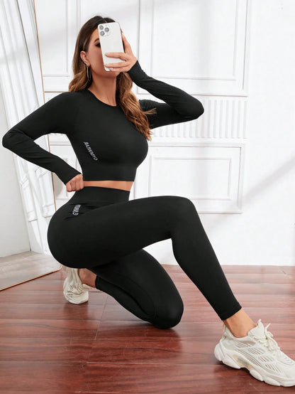 Seamless Workout Sets for Women 2 Piece Leggings Long Sleeves Crop Tops Matching