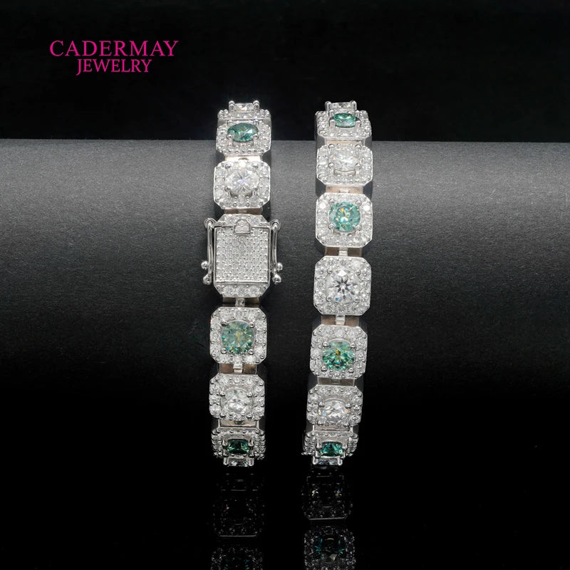 HipHop Jewelry 925silver 10mm Square Clustered Iced Out Green Mixed White Moissanite Bracelet Rock Candy Moissanite Tennis Chain
