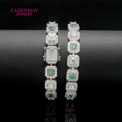 HipHop Jewelry 925silver 10mm Square Clustered Iced Out Green Mixed White Moissanite Bracelet Rock Candy Moissanite Tennis Chain