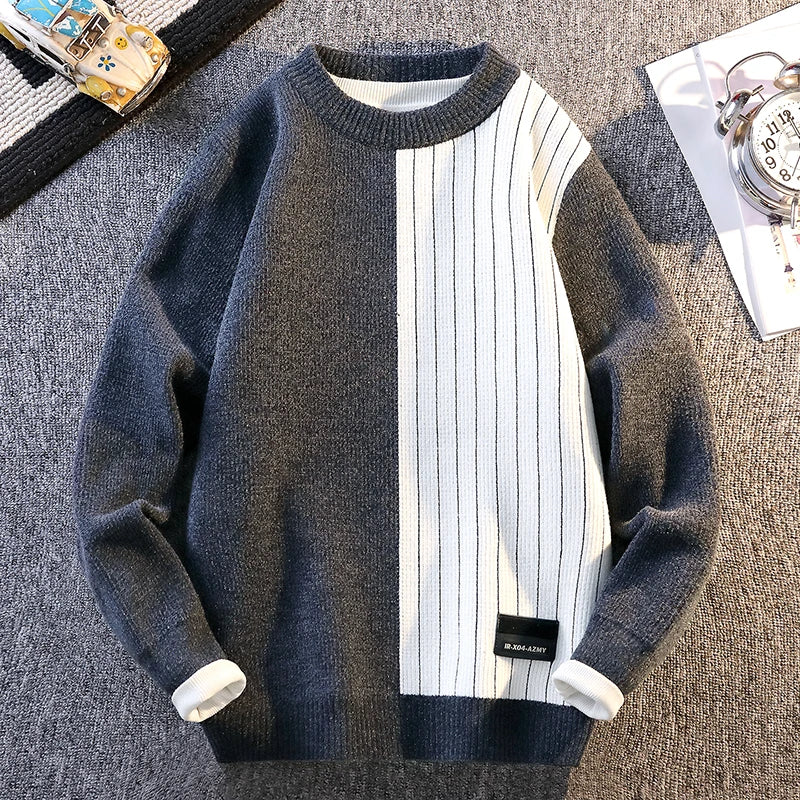 Color Blocked Warm Fashion O-neck Sweater 2025 Autumn/Winter Warm Knitted Sweater Men's Pullover Home Clothes