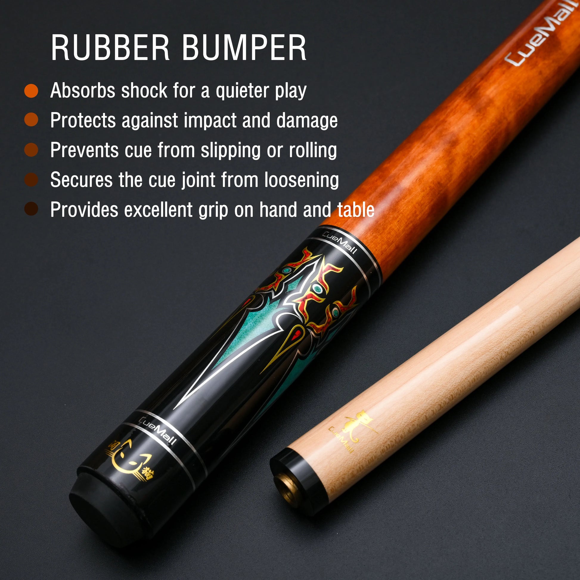 Pool cue with rubber bumper attachment on a dark background