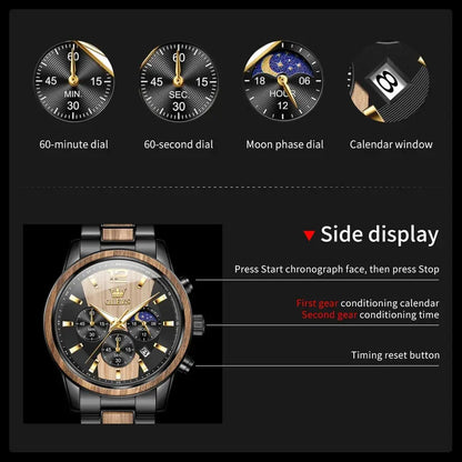OLEVS Herrenuhr Top Business Quarzuhr Massivholz Multifunktions-Chronographenuhr Mondphase Reloj Neu