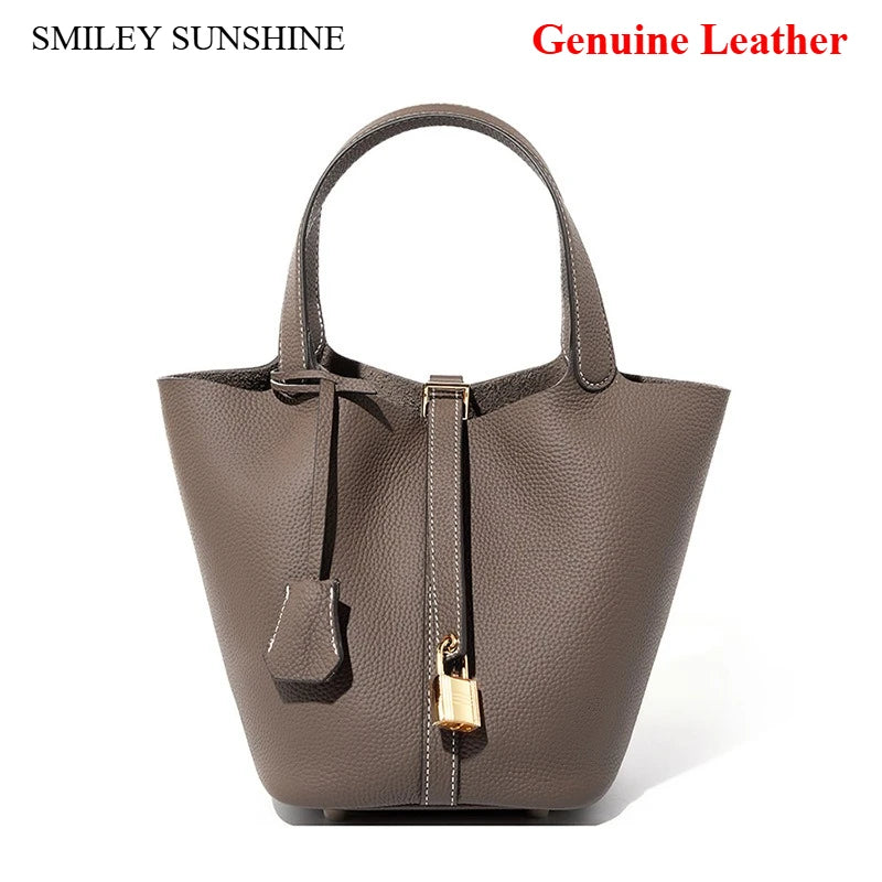 Genuine Leather Shoulder Bucket Bag Women Litchi Pattern Mini Basket Tote Soft Handbag Mommy Bride Wedding Bags with Lock