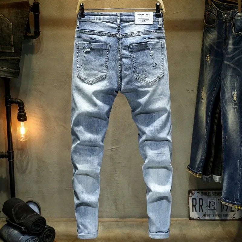 Solid Color Perforated Straight Leg Elastic Jeans Men's Casual High-Quality Jeans