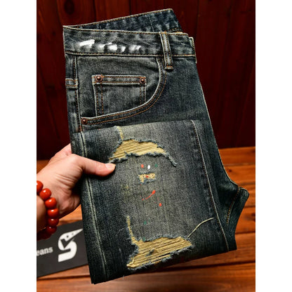 Men's Retro Patch Jeans – Paint Print Slim Denim