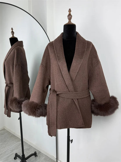 Tossy Fox Fur Wool Overcoat Women's Short Coat Office Lady Elegant Double-sided Woolen Coat 2025 New Cardigan Jackets Loose Wool