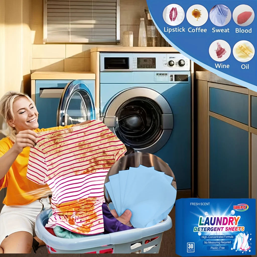 Woman with laundry basket in front of a washing machine, with detergent sheets packaging on the right.
