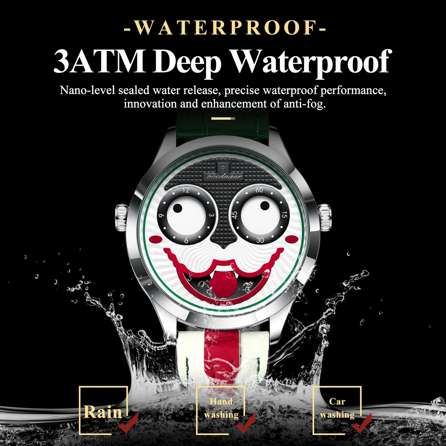 Watch with a unique face design, water splashes, and text about waterproof features on a black background.