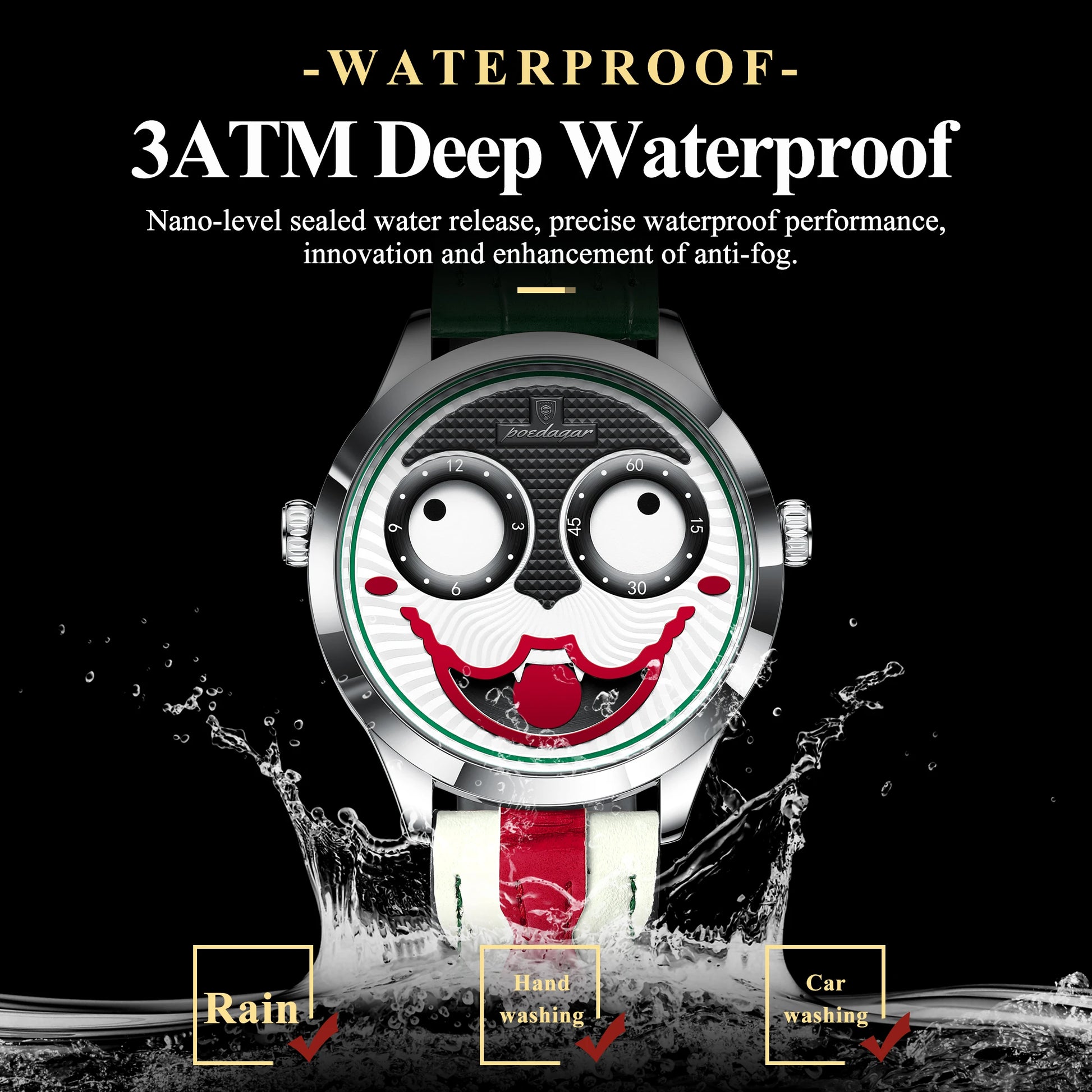 Watch with a unique face design, water splashes, and text about waterproof features on a black background.