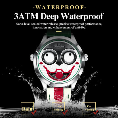Watch with a unique face design, water splashes, and text about waterproof features on a black background.