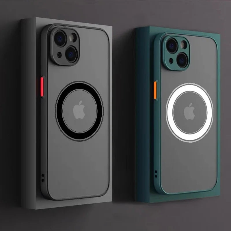 Two phone cases with Apple logo on a dark background