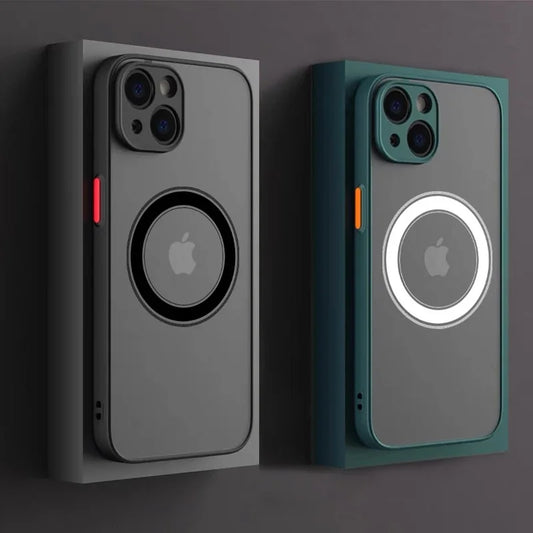 Two phone cases with Apple logo on a dark background