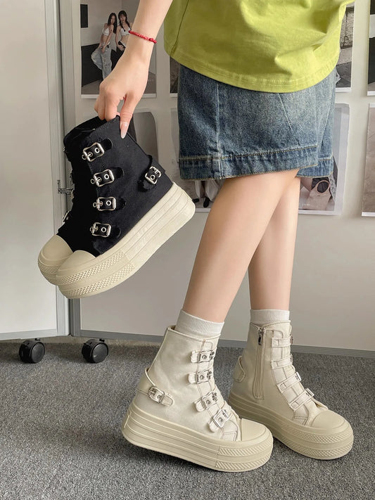 Women's High Top Canvas Shoes – Buckle Zip Design