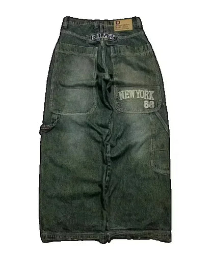 Street Fashion Trend Totenkopf bestickte Jeans Damen Harajuku Y2K Neue Hip Hop Joker Straight Wide-Leg Hosen Paar Freizeitjeans