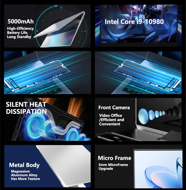 Collage of laptop features including battery life, processor, cooling system, camera, body material, and display.