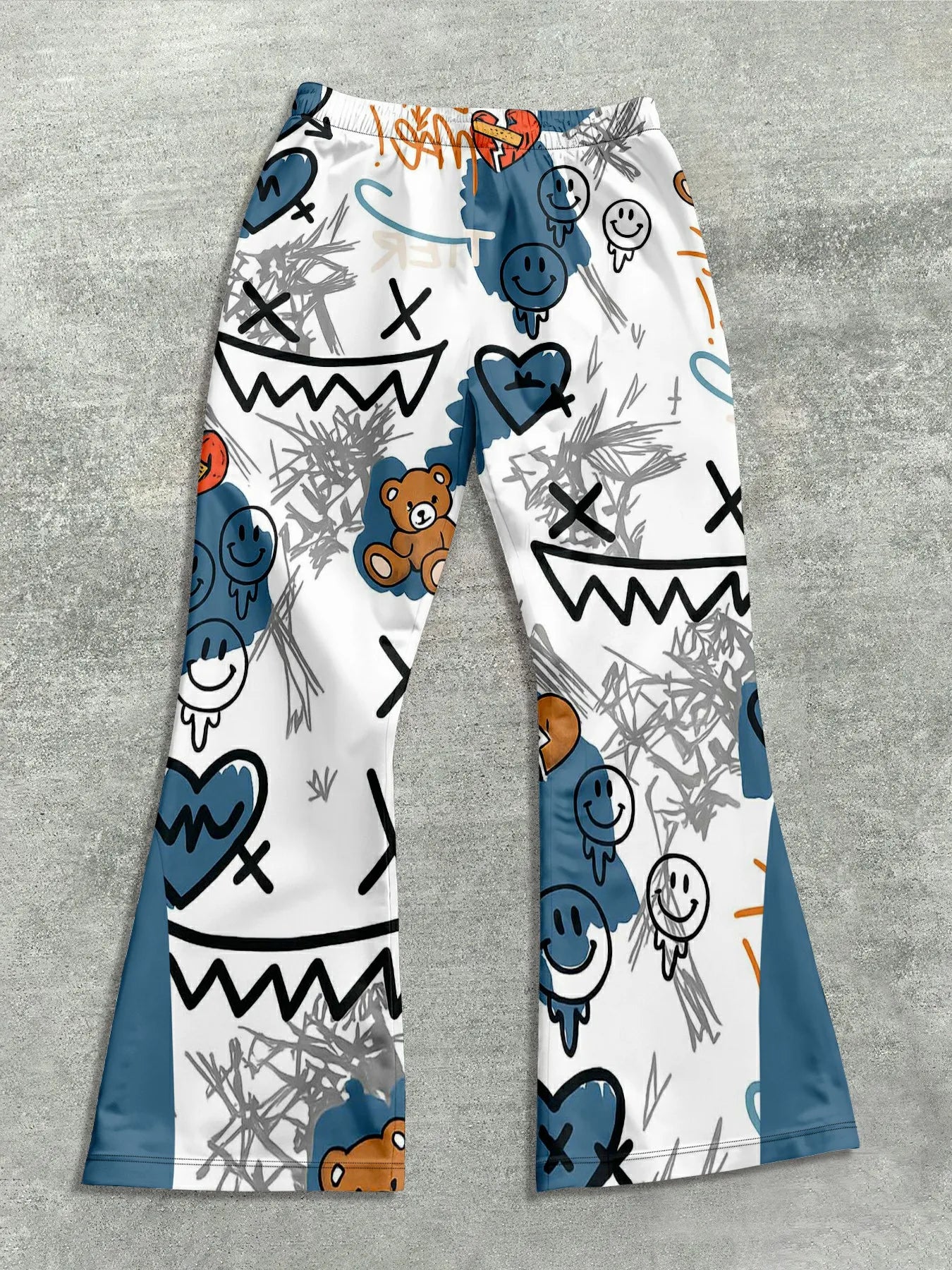 Colorful patterned pants on a gray background