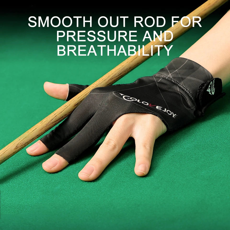 Hand wearing a black glove holding a pool cue on a green felt background with text about smooth rod benefits.