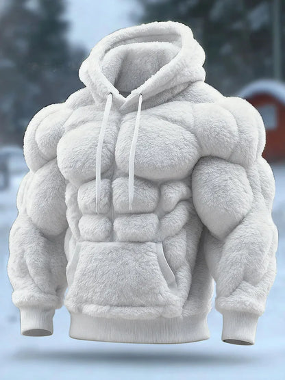 Men's Casual Sports Hoodie Fleece Lined Chest Muscle Print Long Sleeve Loose Fit Polyester Fiber Digital Print Hooded Sweatshirt