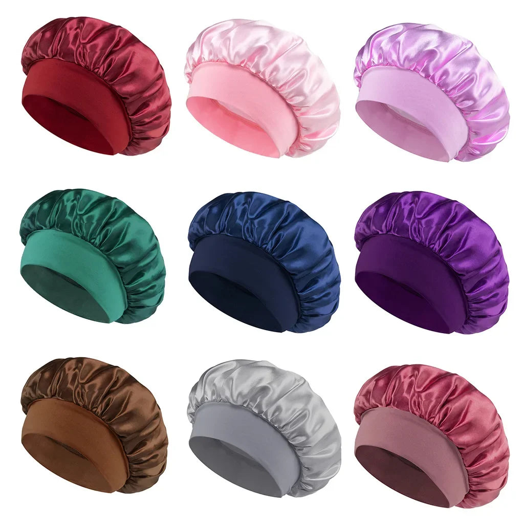 Damen Satin Haube Schlafhaube Haarpflege Seidenhaube Einfarbige breitkrempige Schlafhaube mit elastischem weichen Band