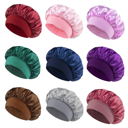Damen Satin Haube Schlafhaube Haarpflege Seidenhaube Einfarbige breitkrempige Schlafhaube mit elastischem weichen Band