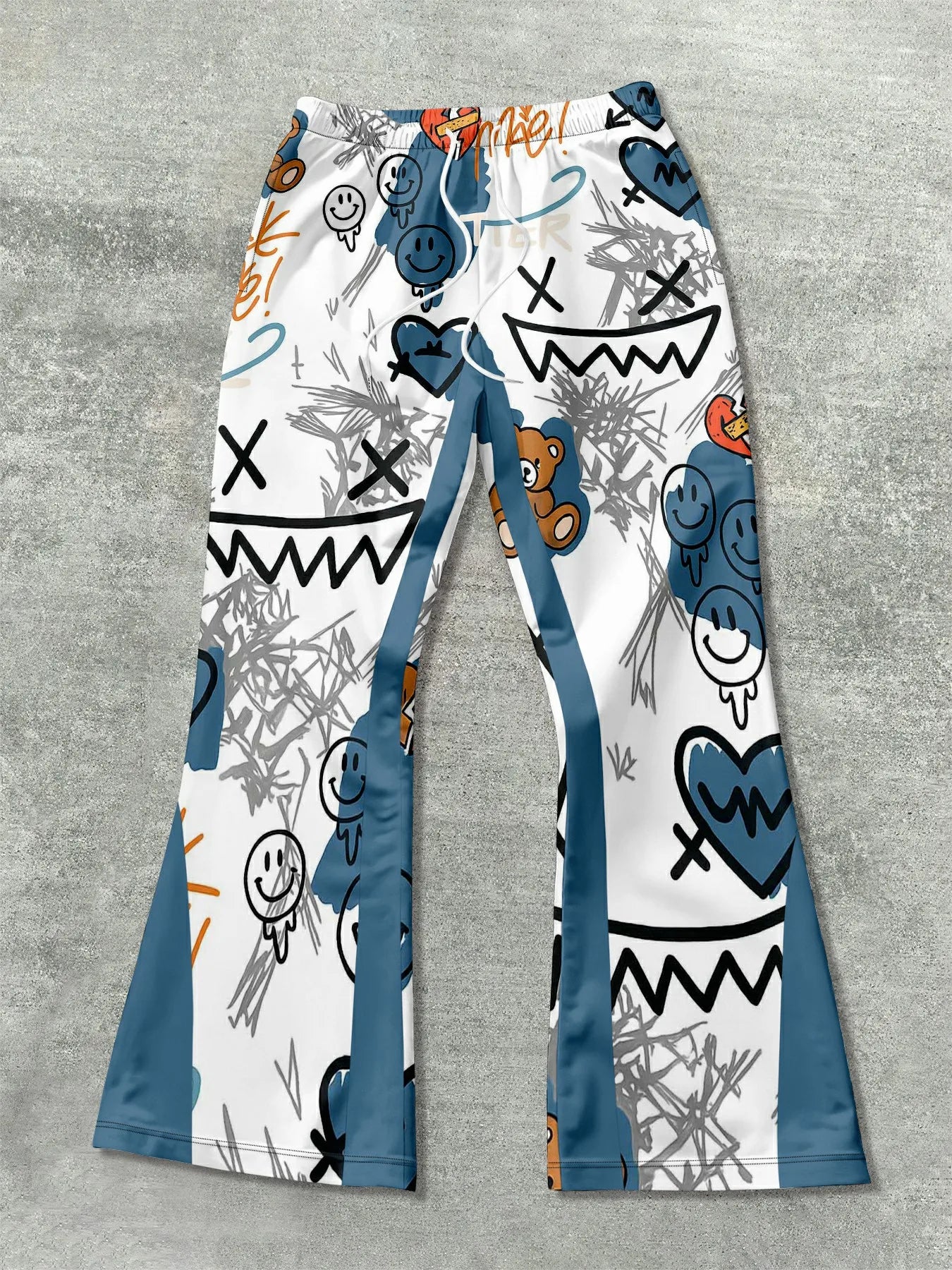 Colorful pants with abstract patterns on a gray background