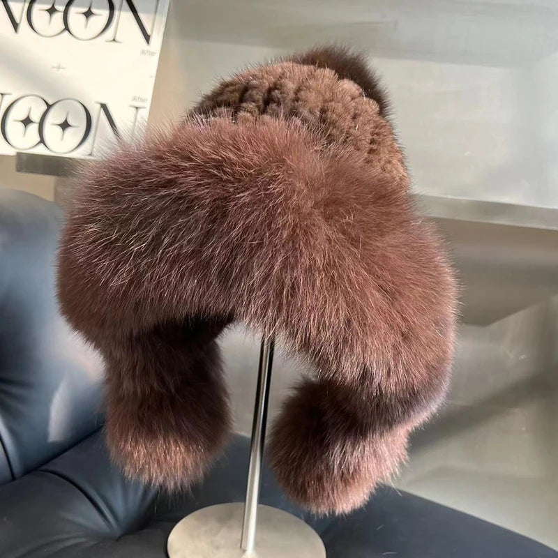 Real Mink Fur Hatfor Women Woven Fur Fisherman Hat With Fox Fur Ball  Thickened Warm Ear Protection Hat Hand Beanies Bonnets Cap