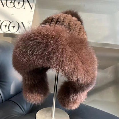 Real Mink Fur Hatfor Women Woven Fur Fisherman Hat With Fox Fur Ball  Thickened Warm Ear Protection Hat Hand Beanies Bonnets Cap