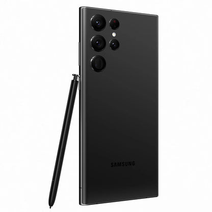 Black Samsung smartphone with stylus on a white background